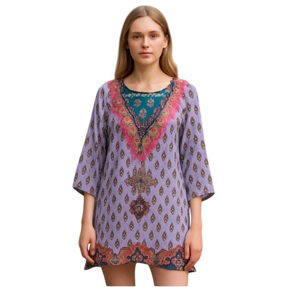 Tolani Silk Tunic Top Swim Cover Up Cruise Boho Hippie Artsy Festival Sz Medium - Picture 1 of 9